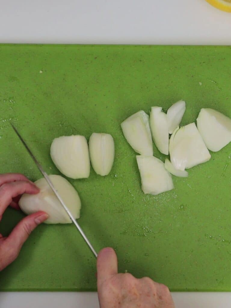 cutting large onion chunks