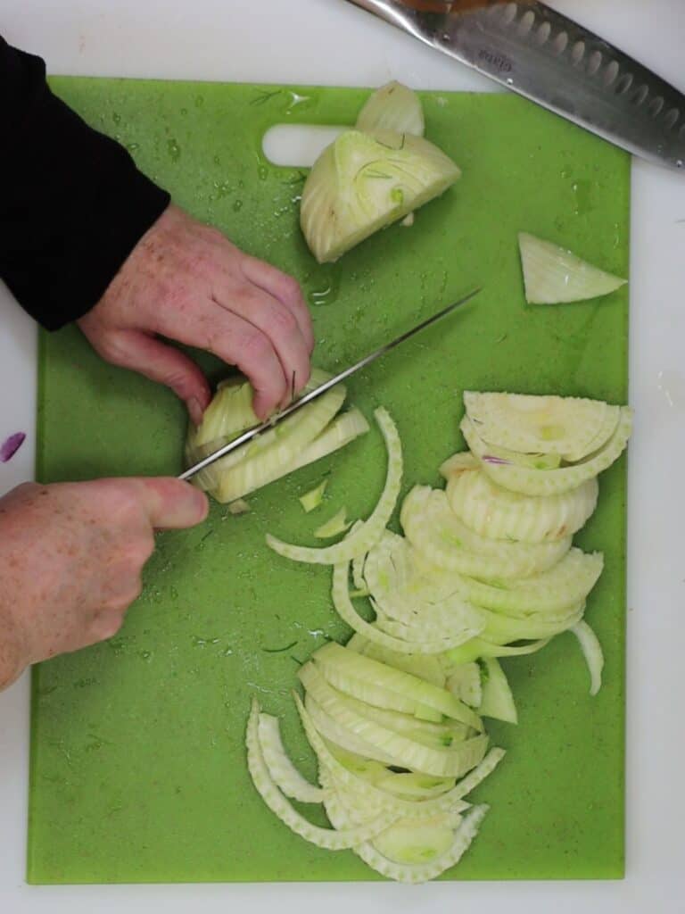 cut the fennel like an onion and slice into thin strips