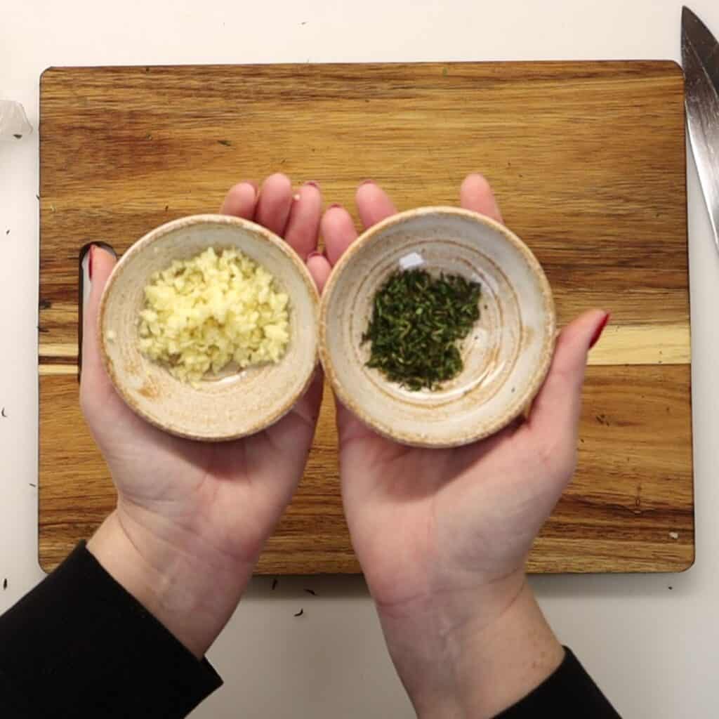 finely dice the garlic and rough chop some fresh thyme for delicious creamy dijon chicken