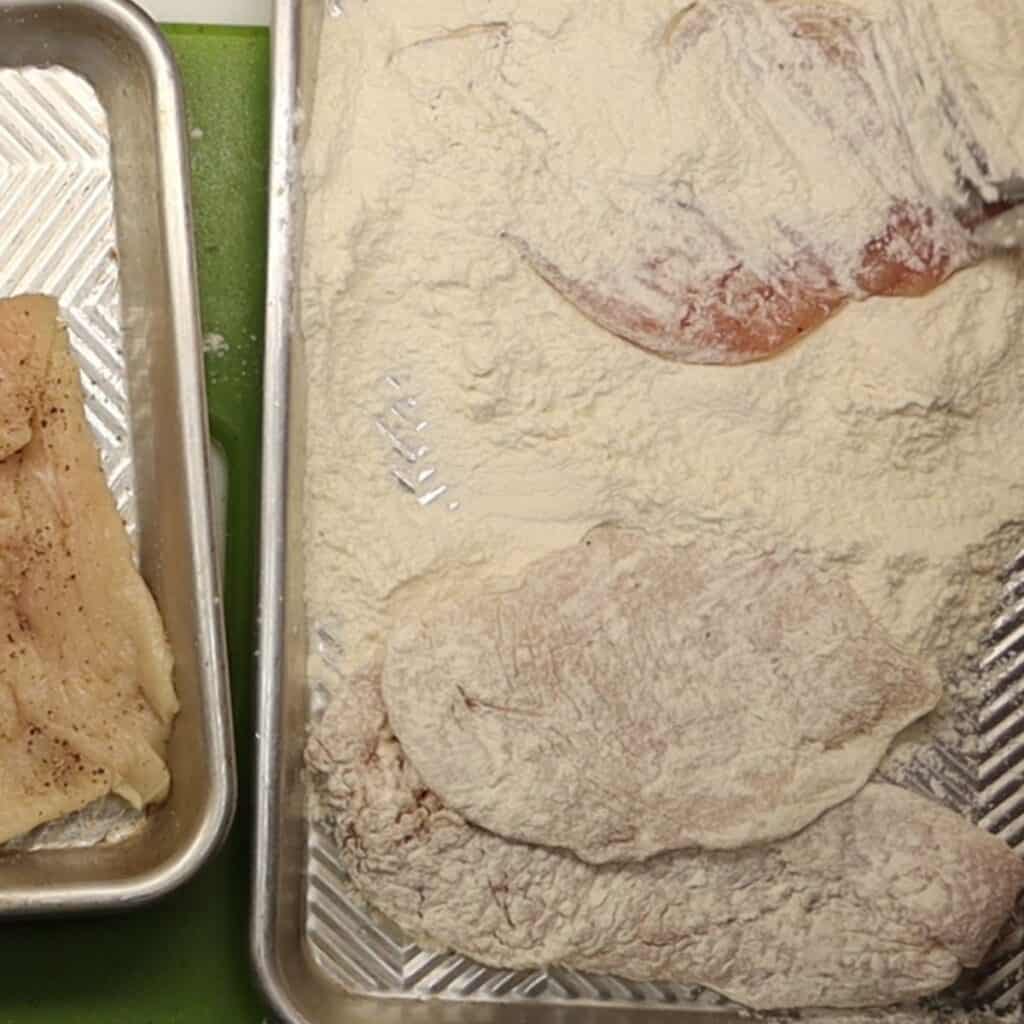 dredging the chicken in flour with How to make easy and delicious creamy dijon chicken