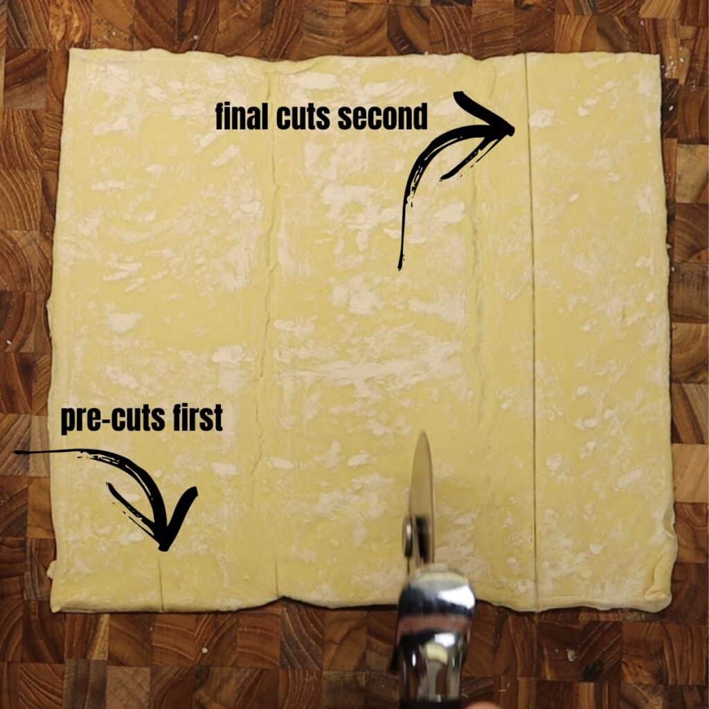 making pre-cuts on the dough and then the final cuts