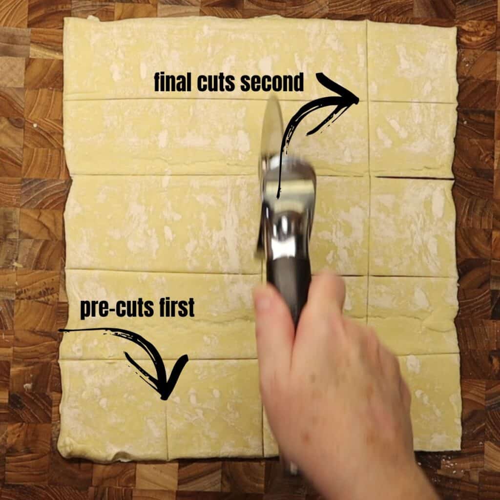 making pre-cuts on the dough and then the final cuts - Puff Pastry Appetizers on a Budget - 4 Ways