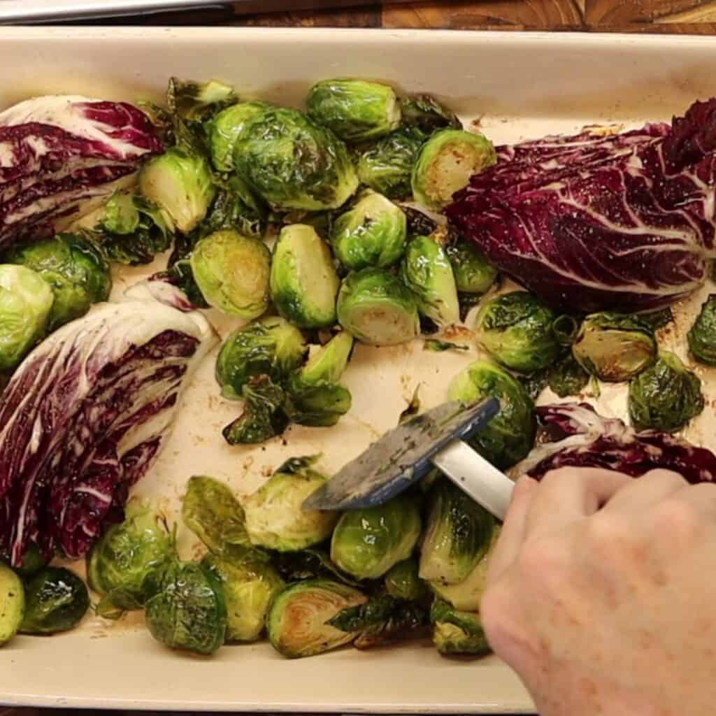 adding radicchio wedges to half-roasted brussels sprouts