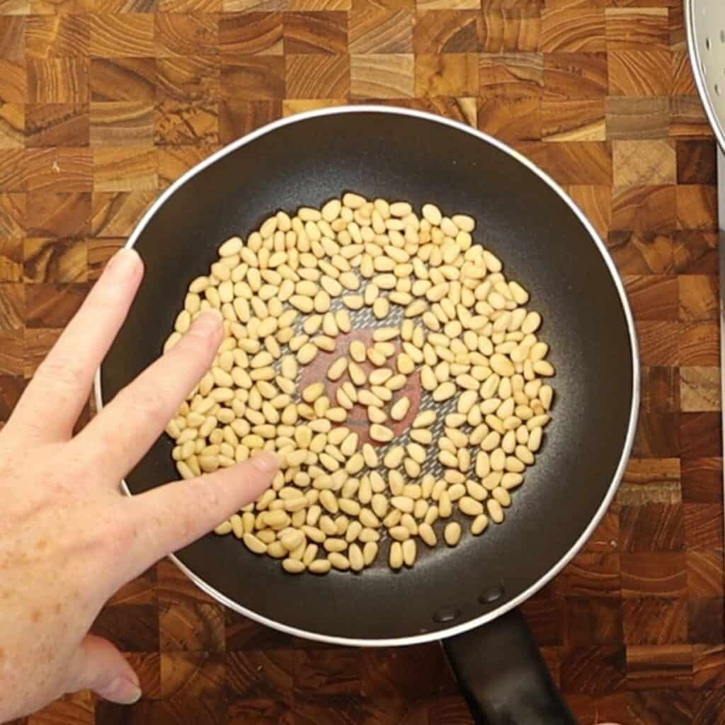 ready to toast pine nuts in a pan on the stove top
