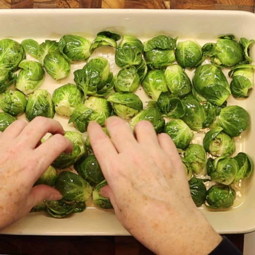 turning the brussels sprouts cut-side down before roasting
