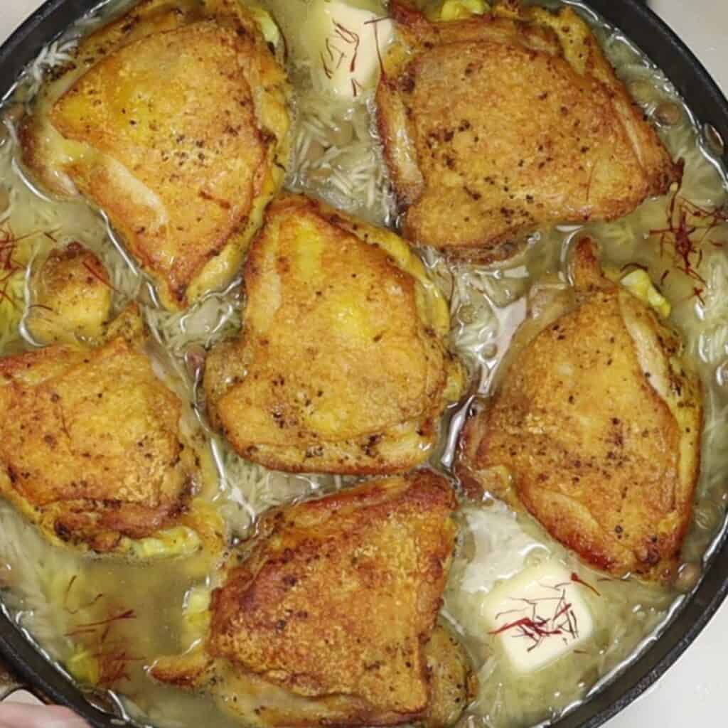 place final piece of chicken in pan and cook in oven