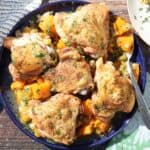 overhead view of easy weeknight dinner chicken, butternut squash and leeks