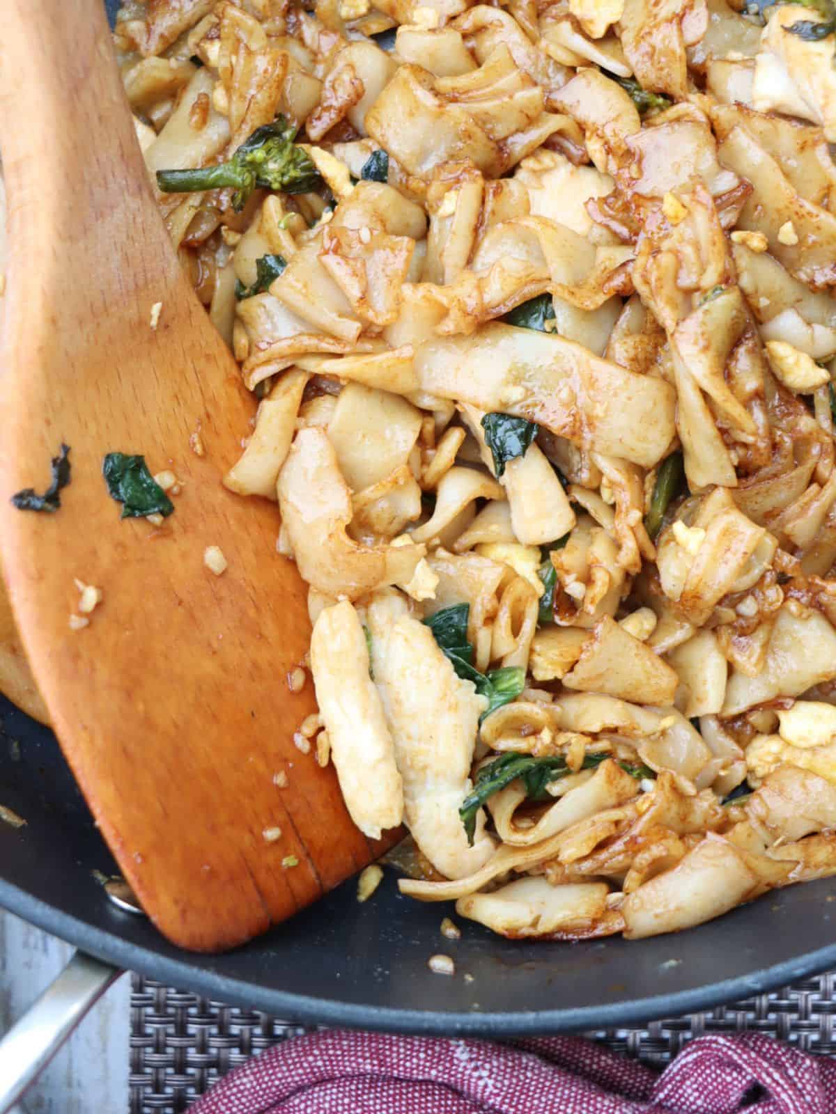 close up of the pan with Easy Chicken Pad See Ew - Stir Fry Thai Noodles