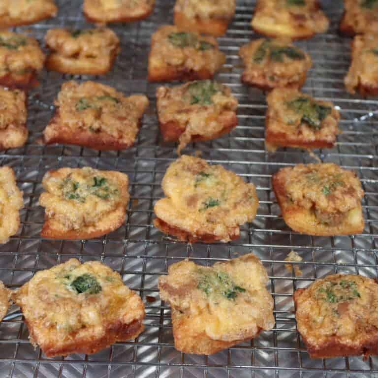 front view of crispy thai pork toast on a sheet pan
