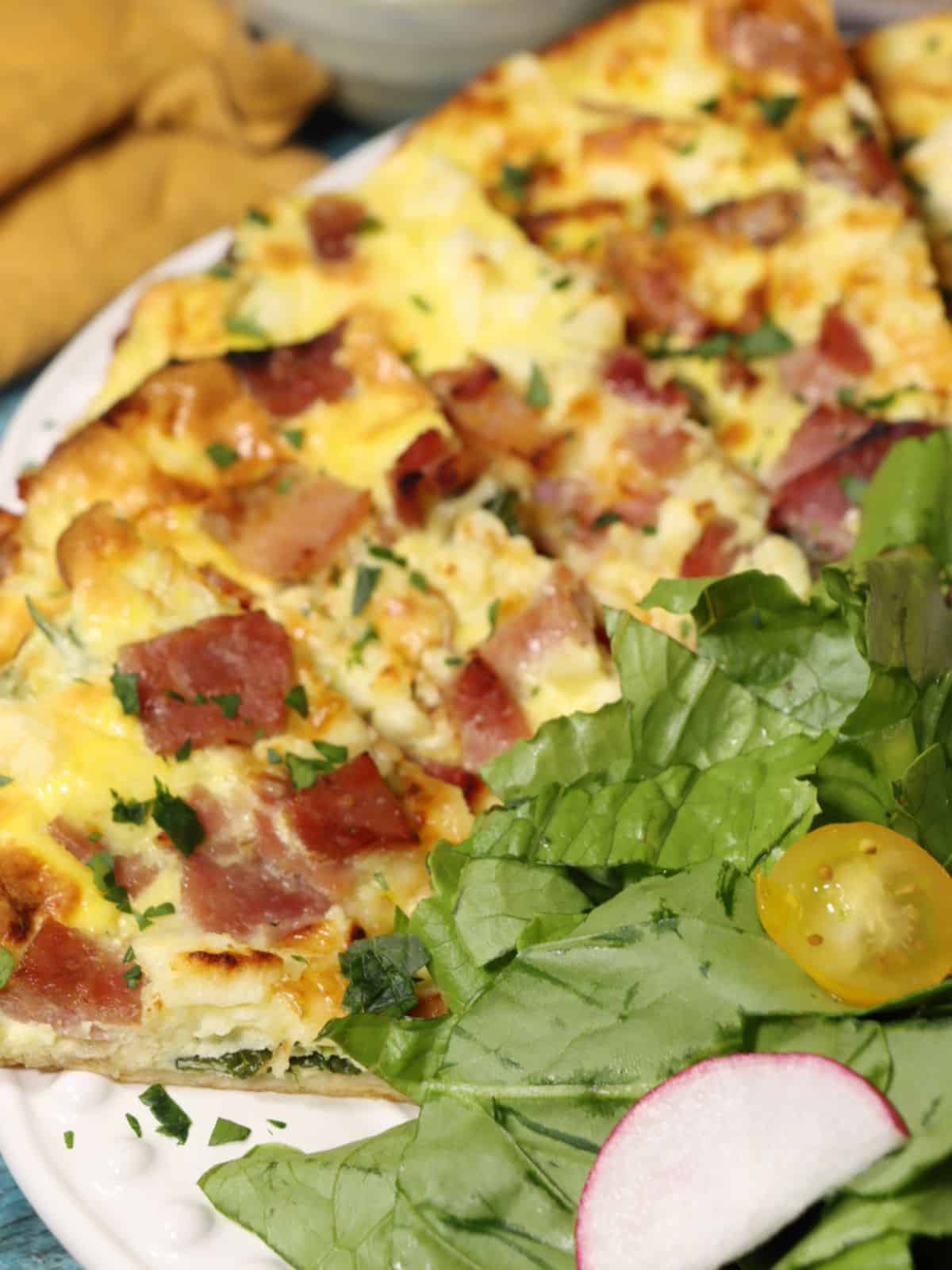 close up view of dinner for two high protein tortilla quiche